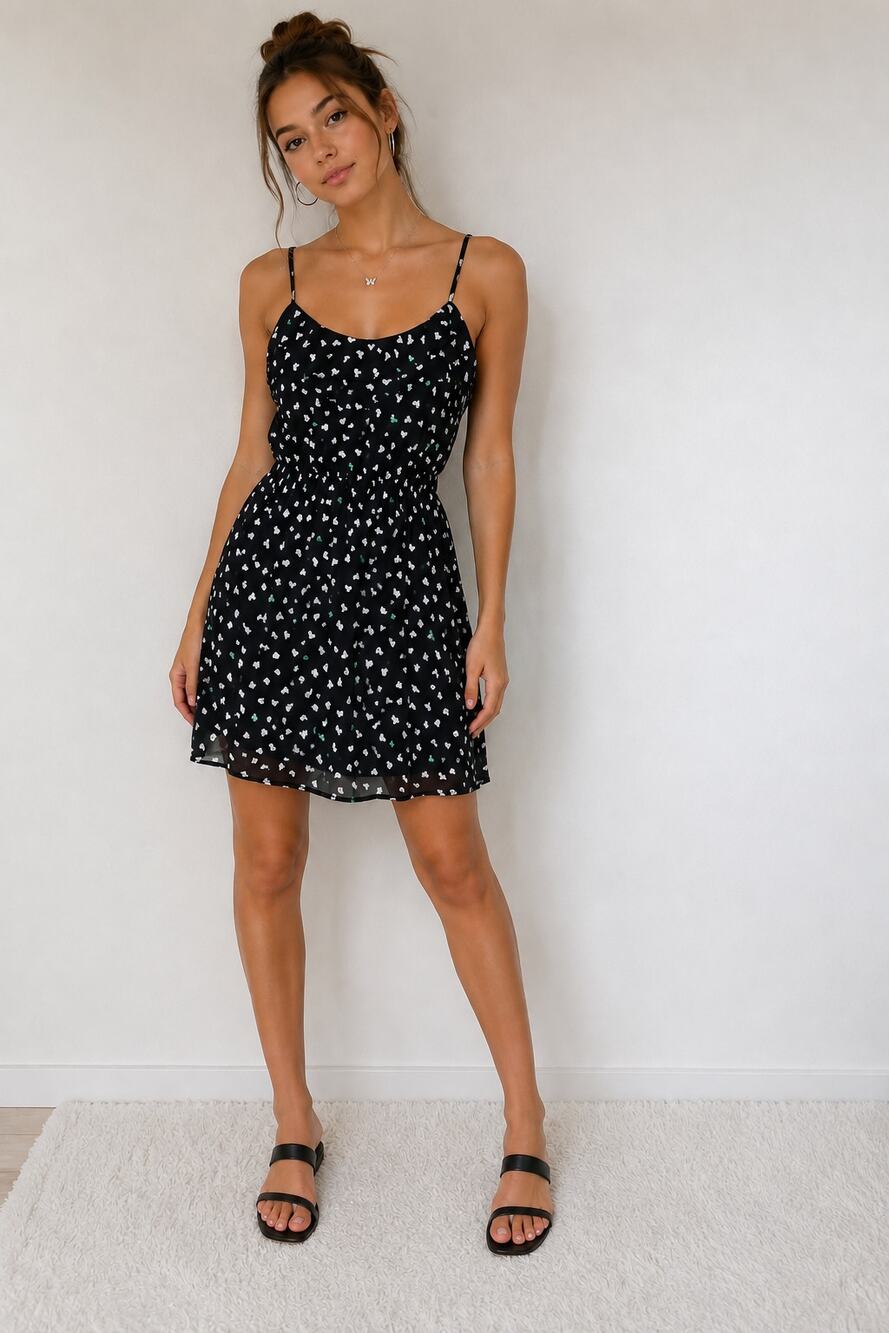 Kirra Black Heart Print Chiffon Sundress Women's Small Elastic Waist